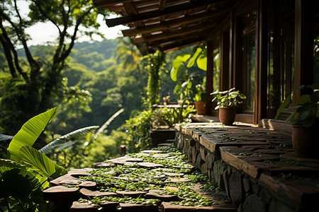 山水风景中的茶馆背景图片
