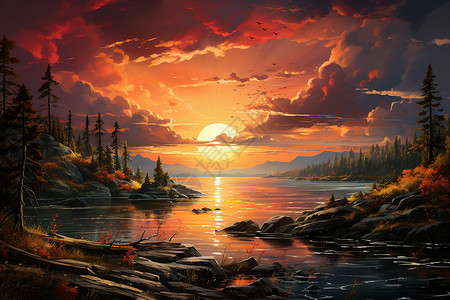 湖光山色夕阳余晖背景图片