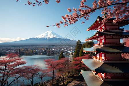 樱花树下的富士山背景图片