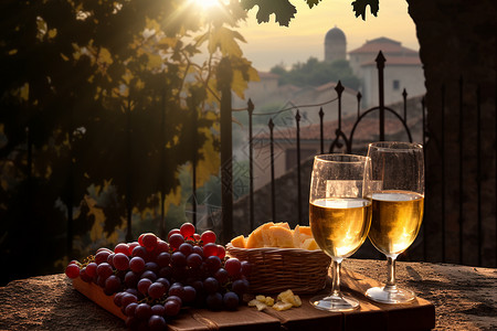 一桌上放着两杯酒和葡萄背景图片