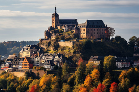 秋日的小镇城堡背景图片