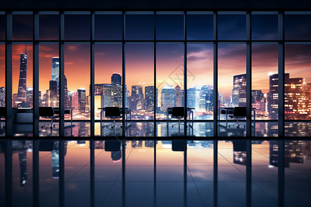 玻璃幕墙上的城市夜景背景图片