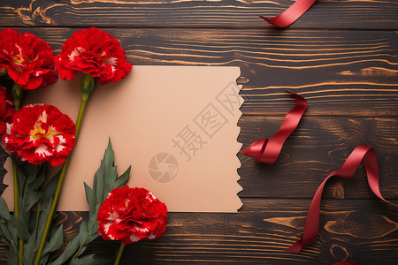桌面上的花束和丝带背景图片