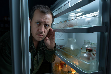 厨房里打开冰箱的男人背景图片