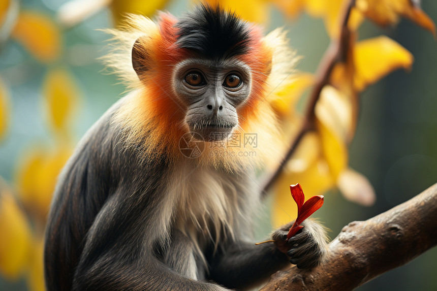树干上的红头猴子图片