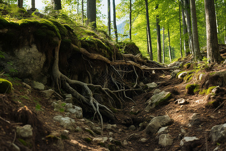 山林小径上的一棵大树根并有山峦作为背景景色背景