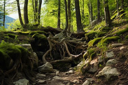 山野小径青苔覆盖的石头和路边的树木远处有座山亚历山大·布鲁克的淡彩画背景图片