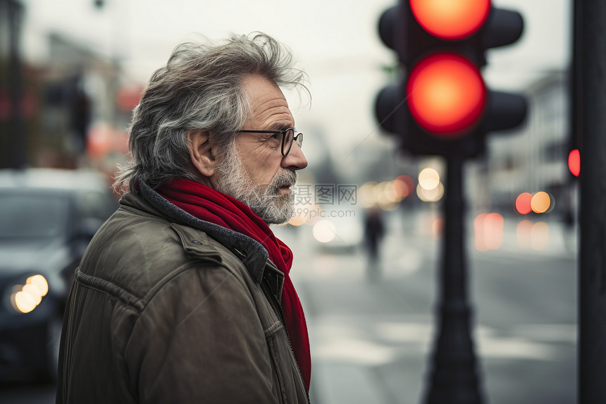 街头红绿灯旁的男子图片