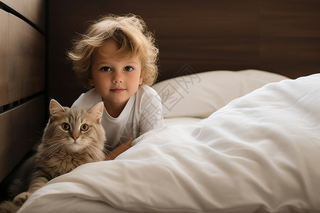 宝宝和猫咪在床上玩耍高清图片