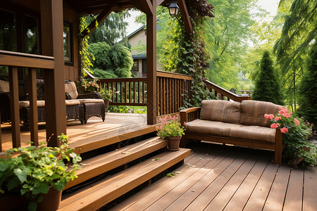 木制别墅木制台阶上的美丽花园背景