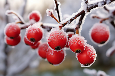 冬天果子冰雪世界中的美丽红果背景