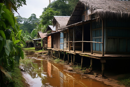 输卵管积水村庄小屋下的积水背景