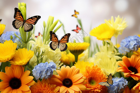 五彩斑斓的花朵与蝴蝶背景图片