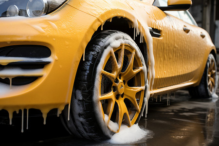洗车房里的黄色汽车背景图片