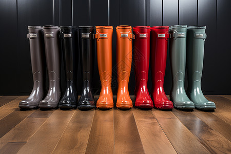 高筒靴一排不同颜色的雨靴背景