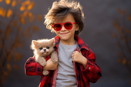 头发眼镜素材男孩手持小狗背景