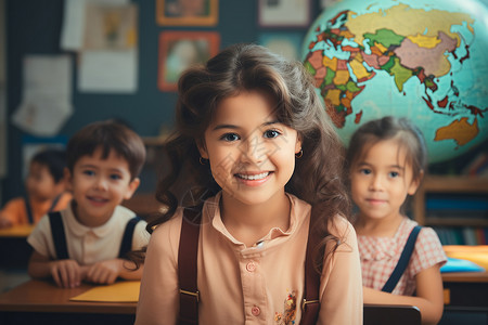 课桌前微笑的儿童背景图片