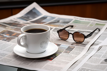 报纸上的咖啡和眼镜背景图片
