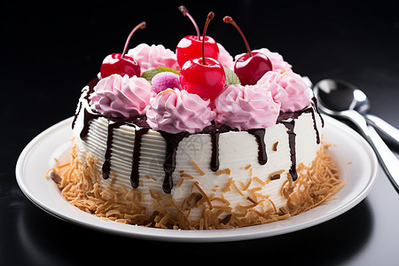 可口的樱桃奶油蛋糕背景图片