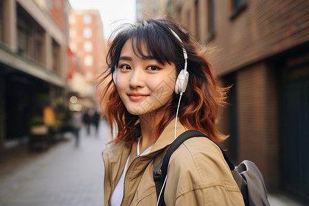 音乐城市街上戴耳机的女子背景
