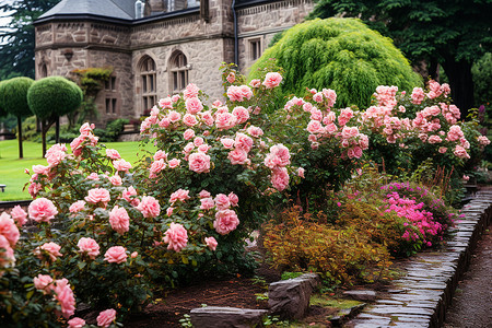 玫瑰花园前的古堡背景图片