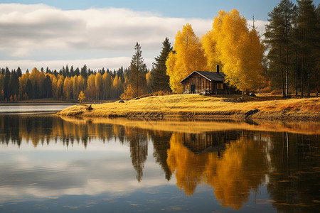 秋色湖边的风景背景图片