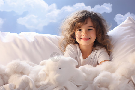 柔软床上的小女孩背景图片