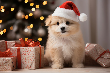 圣诞树下的小狗和礼物背景图片