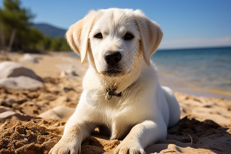 夏日沙滩上的白色金毛狗背景图片