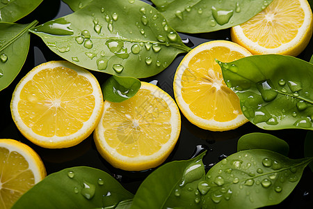 水滴覆盖的柠檬与叶子背景图片
