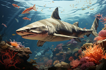 海底世界中的锤头鲨背景图片