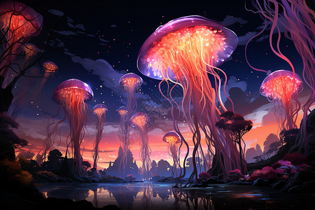 神秘发光的水母生物背景图片