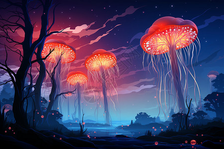 夜空中梦幻的水母群背景图片