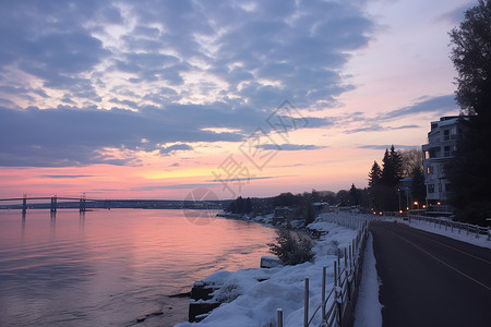 冬日海滨城市的美丽景观背景图片