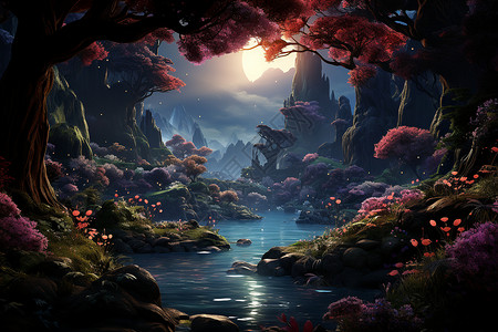 月夜神奇的森林河流背景图片