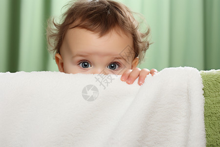 隐藏在绿色毛巾后的宝宝高清图片