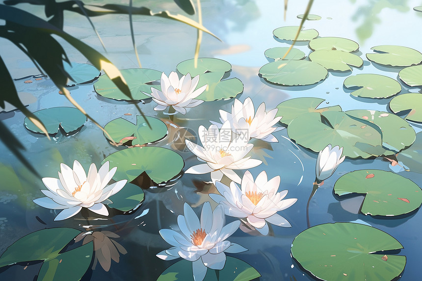 池塘中绽放的美丽睡莲花图片