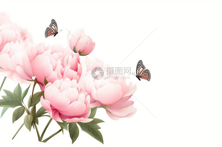 粉色牡丹与蝴蝶图片
