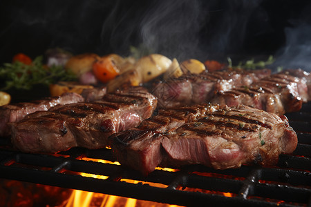 火焰牛肉美味多汁的烤肉与蔬菜背景