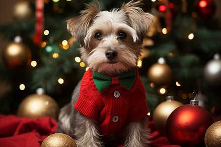 圣诞树前的小狗背景图片