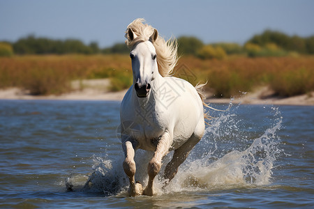 奔跑的骏马白马奔腾于水中背景