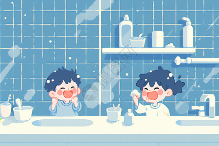 浴室的孩子刷牙泡沫高清图片