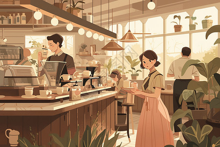 咖啡馆工作咖啡师在咖啡馆插画
