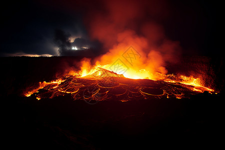 夜晚喷发的火山背景图片