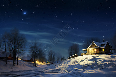 冬夜中的白雪小屋背景图片