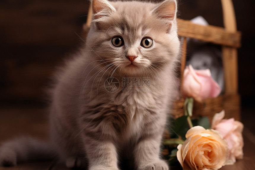 桌面上的小猫和玫瑰花图片