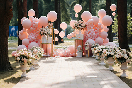 粉色贵宾犬气球一场浪漫的户外婚礼场景背景