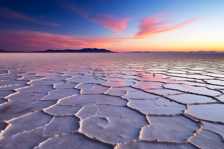 白色盐湖上的晨光图片