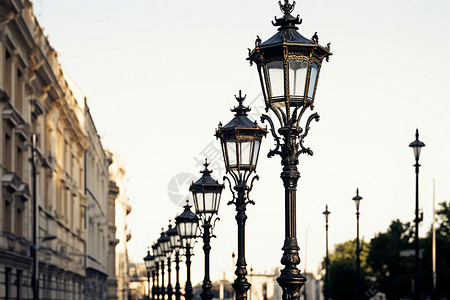 城市街道上的黑色路灯背景图片