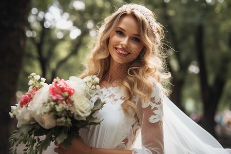 捧着花束的幸福新娘背景图片